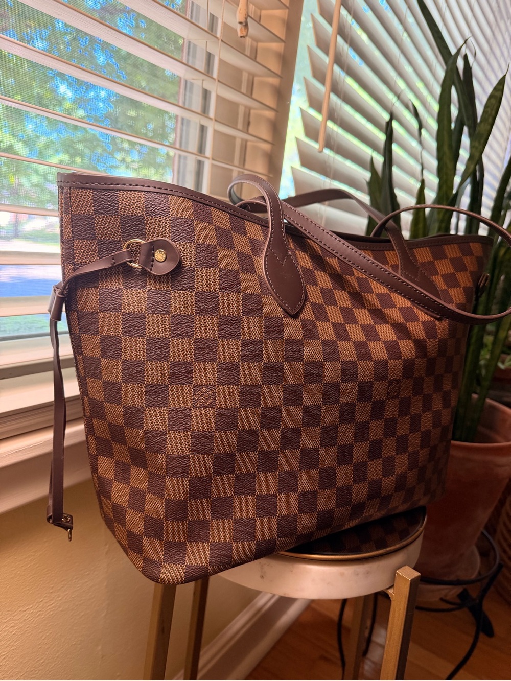 Designer-Inspired Red & Brown Check Tote with Removable Pouch